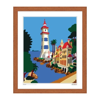 Ilustração colorida de farol e edifícios numa costa, emoldurada