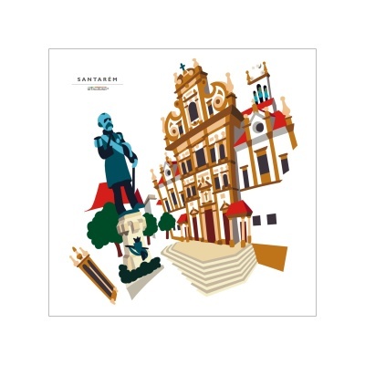 Ilustração do edifício da Câmara Municipal de Santarém e estátua
