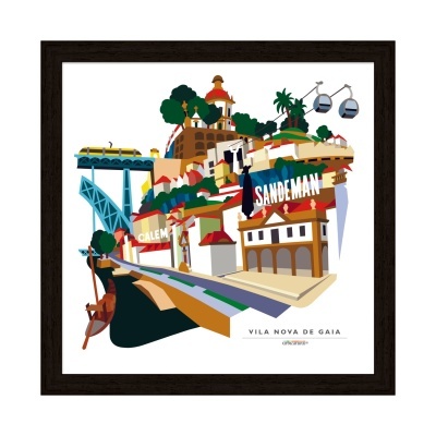 Ilustração colorida de Vila Nova de Gaia com elementos turísticos e letreiros visíveis em moldura preta