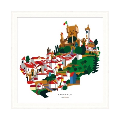 Ilustração estilizada de Bragança com casas, áreas verdes e castelo