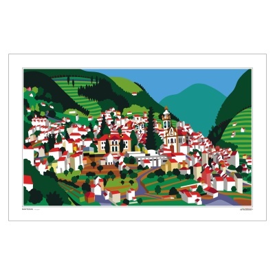 Ilustração digital de aldeia entre colinas verdes com igreja ao centro