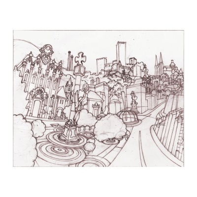 Desenho a preto e branco de cidade com edifícios, árvores e estátuas