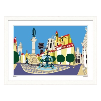 Quadro colorido com arte gráfica de uma praça urbana com estátuas, fonte e edifícios.