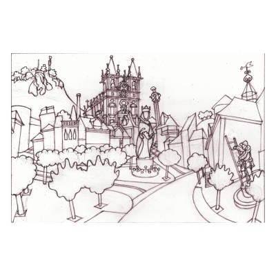 Desenho a lápis de uma cidade com estátuas, árvores, caminho e edifícios.