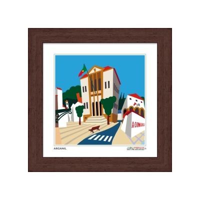 Quadro com ilustração de edifícios e rua, moldura em madeira escura