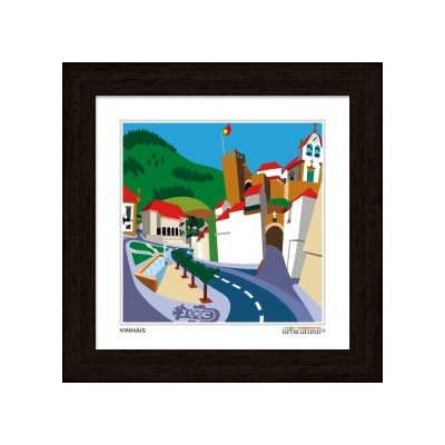 Ilustração da vila de Vinhais em moldura escura