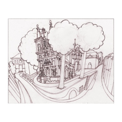 Desenho a lápis de um edifício inclinado com duas árvores e estrada sinuosa.