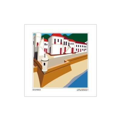 Ilustração digital das muralhas e edifícios históricos de Sesimbra em cores vibrantes