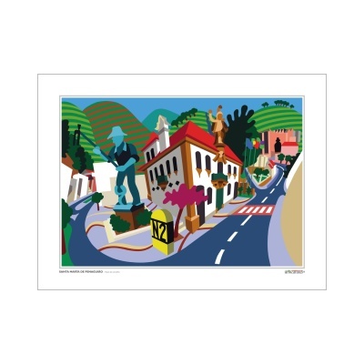 Arte digital colorida de Santa Marta de Penaguião com estátua, edifícios, estrada e marco N2
