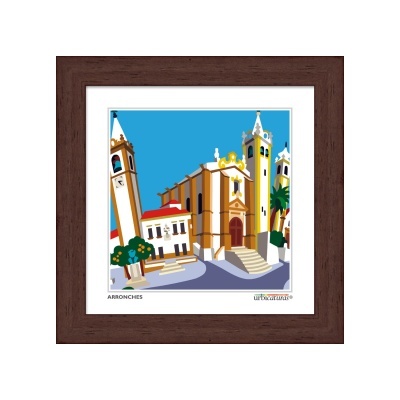 Quadro digital colorido de igreja com duas torres em moldura castanha