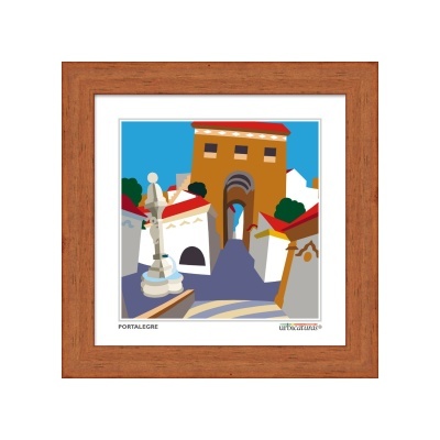 Quadro com arte de edifícios coloridos e moldura de madeira