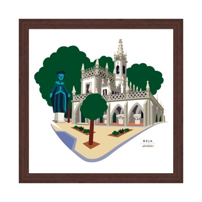 Ilustração de monumentos históricos de Beja com moldura castanha