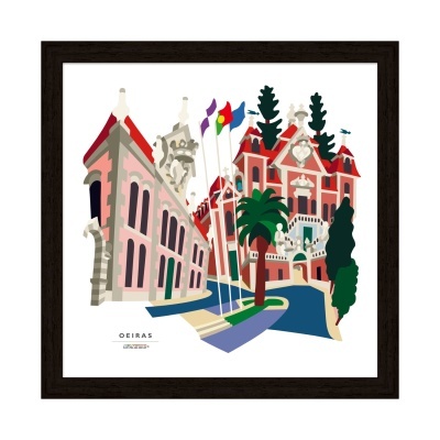 Ilustração de edifícios em Oeiras com bandeiras e árvores emoldurada