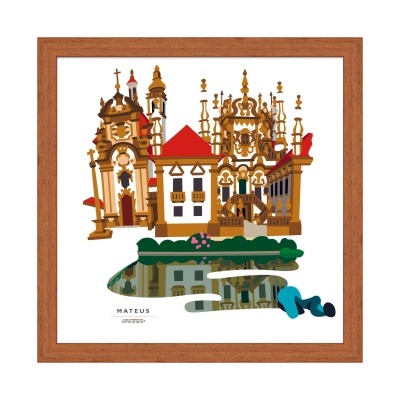 Ilustração de edifícios históricos com telhados vermelhos e reflexão na água em moldura de madeira