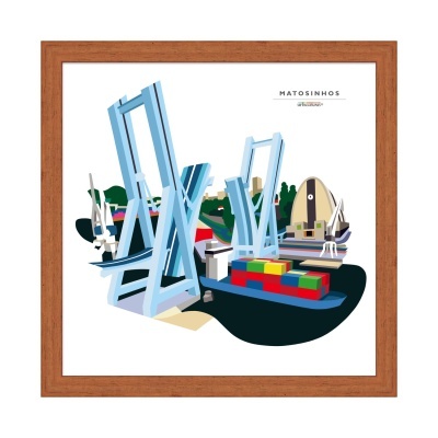 Ilustração do porto de Matosinhos com guindastes azuis e contentores coloridos