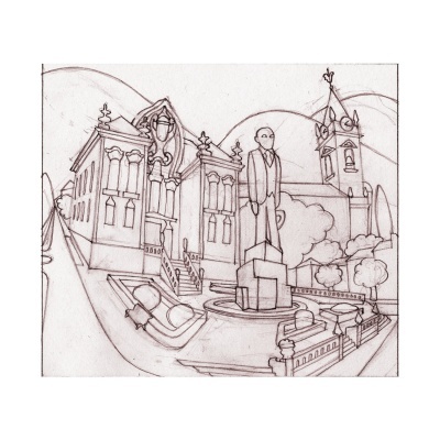 Desenho a lápis de cenário urbano com estátua, prédios clássicos e torre com relógio dentro de contorno de coração