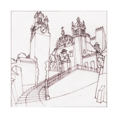 Desenho a tinta de paisagem urbana com torres, escadas e relógio