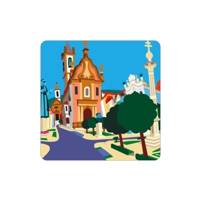 Ilustração de uma paisagem urbana com prédios históricos e árvores