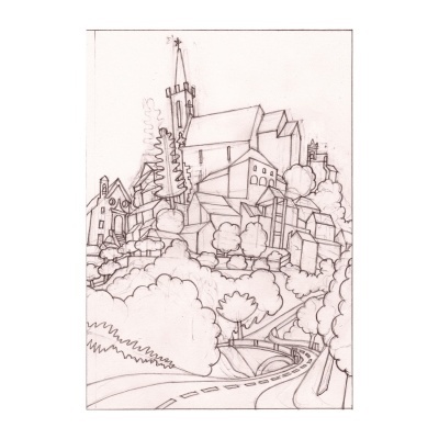 Desenho a lápis de paisagem urbana com igreja, árvores e estrada curva