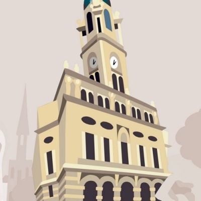 Ilustração de um edifício com torre do relógio em tons bege e azul