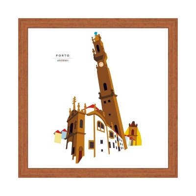 Ilustração estilizada da Torre dos Clérigos em Porto enquadrada numa moldura de madeira.