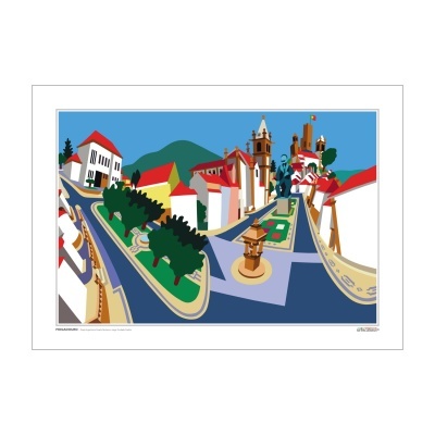 Ilustração colorida de paisagem urbana com edifícios, árvores, fonte e igreja.