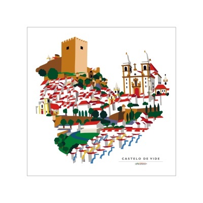 Ilustração colorida do mapa turístico de Castelo de Vide com castelo, casas e igreja