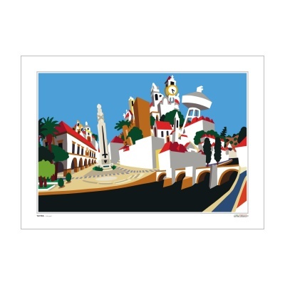 Imagem estilizada de cidade com edifícios brancos e telhados vermelhos