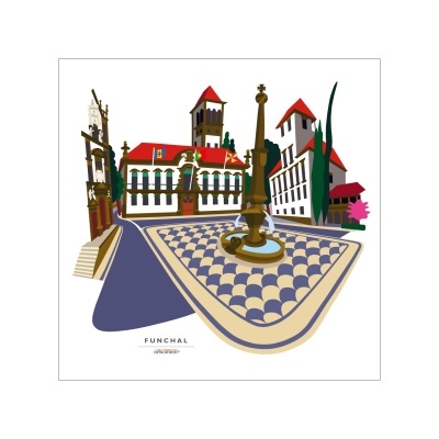 Ilustração digital da praça com fonte, calçada padrão azul e bege, edifícios com telhados vermelhos e bandeiras