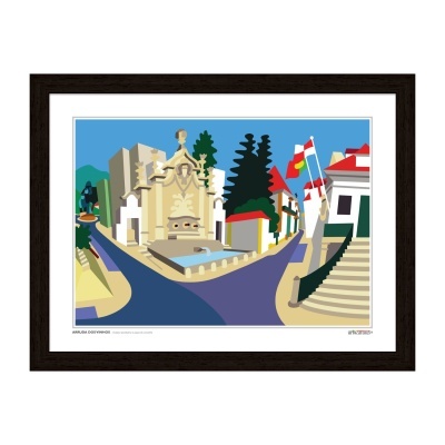 Ilustração do chafariz e Paços do Concelho em Arruda dos Vinhos colorida emoldurada