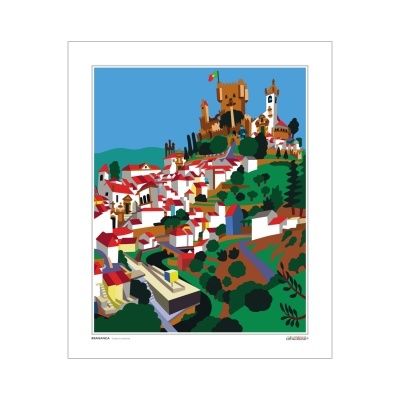 Poster colorido de paisagem urbana com castelo e casas em Sintra, Portugal