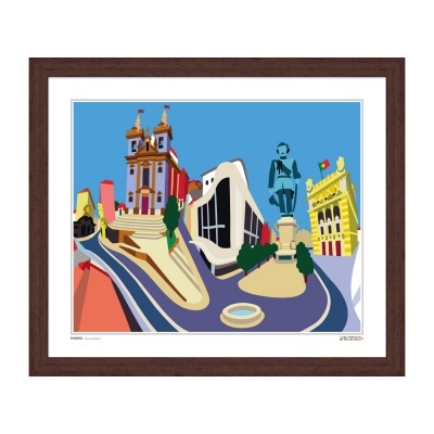 Quadro colorido do Porto com edifícios e monumentos, em moldura de madeira escura