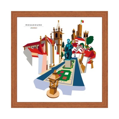 Quadro ilustrativo de monumentos em Mogadouro com moldura de madeira.