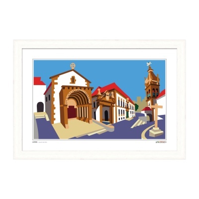 Quadro com ilustração colorida de edifícios históricos emoldurado a branco