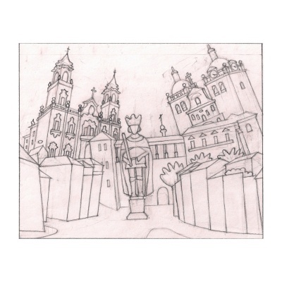 Desenho a lápis de praça histórica com monumento e edifícios clássicos