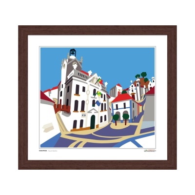 Ilustração colorida de edifícios urbanos com moldura de madeira castanha