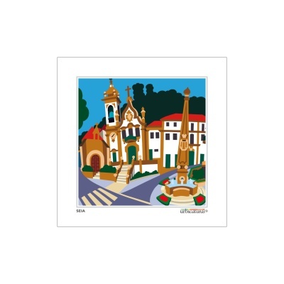 Ilustração colorida de praça com fonte, igreja e edifícios