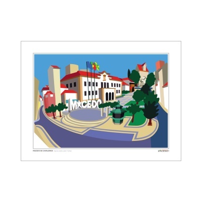 Ilustração digital colorida de espaço urbano com texto MACEDO