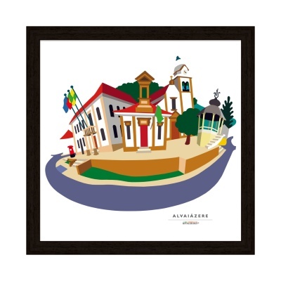 Ilustração gráfica de edifícios e paisagem urbana com telhados vermelhos e bandeiras, texto Alvaiázere