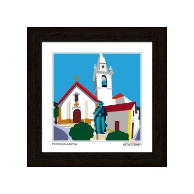 Quadro colorido com igreja e estátua em Proença-a-Nova