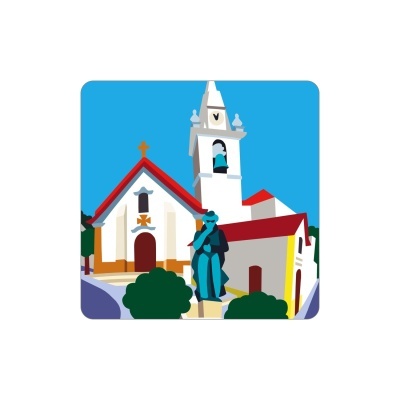 Ilustração digital igreja com estátua azul e telhado vermelho