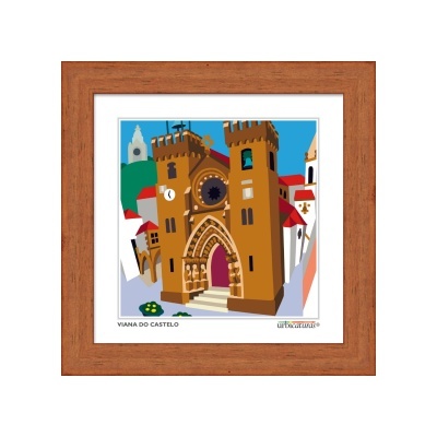 Ilustração colorida da catedral de Viana do Castelo em moldura de madeira