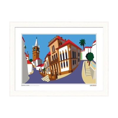 Ilustração digital de edifícios coloridos com telhados vermelhos e torre ao fundo em moldura branca