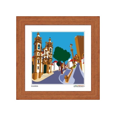 Quadro emoldurado com ilustração digital de edifícios históricos e rua em cidade