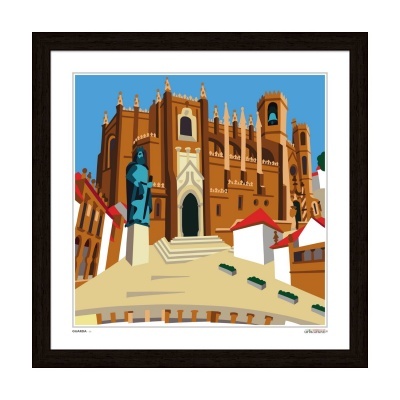 Ilustração digital de edifício histórico castanho com estátuas e pequenos edifícios ao redor, em moldura preta