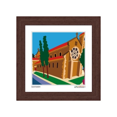 Quadro com ilustração de edifício histórico castanho e pinheiros verdes 