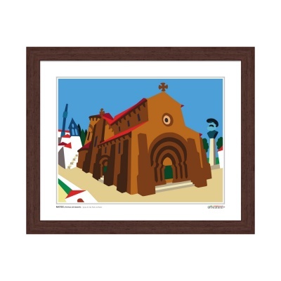 Quadro com ilustração estilizada de uma igreja castanha com fundo azul