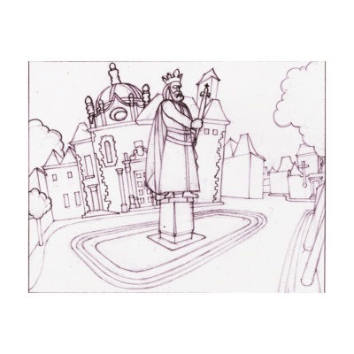 Desenho a preto e branco de estátua de rei numa praça com edifícios antigos ao fundo