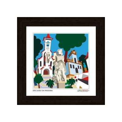 Ilustração colorida de monumentos em São João da Madeira com moldura preta