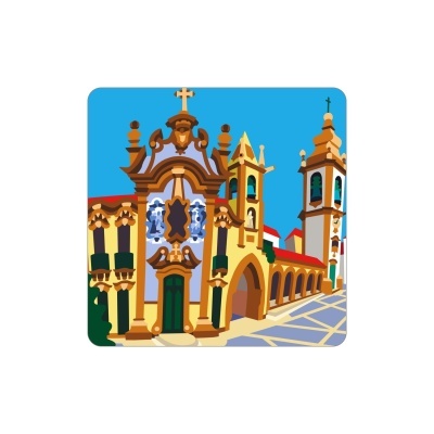 Ilustração de edifício histórico com fachada barroca e torres com sinos